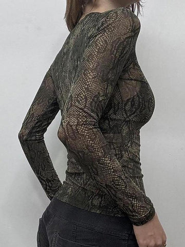 Sonicelife Sheer Snake Print Mesh Long Sleeve Top