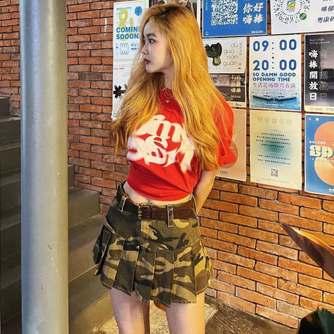 Sonicelife Sexy Women Camouflage Pleated Skirts Dance Girls School High Waist Camo Pleated Skirt Cosplay Female A Line Mini Skirts Street