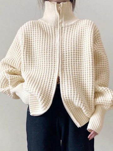 Sonicelife-Solid Double Zip Turtleneck Sweater