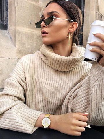 Black Friday Sonicelife Casual Solid Turtleneck Sweaters Women Loose Warm Khaki Side Slit Pullover Sweater Female Winter Versatile Simple Daily Knitwear