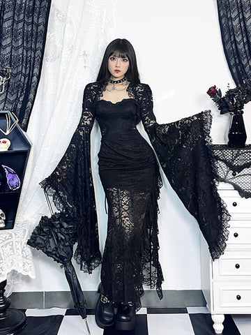 Sonicelife Dark Gothic Lace Cover Ups Women Vintage Classic See Through Flare Sleeve Crop Top Blouse Y2k E-girl Emo Alt Rave Outfit