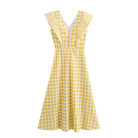 Sonicelife Fashion Plaid Print Flying Sleeve Long Dress Women V-neck Sleeveless High Waist Female Dresses 2024 Summer Lady Holiday Robe New