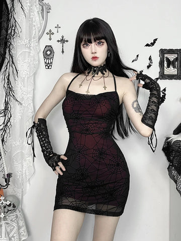 Sonicelife Halloween Dark Gothic Bodycon Dress Women Sexy Streetwear Harajuku Y2k E-girl Spiderweb Spaghetti Strap Mini Dress Femme