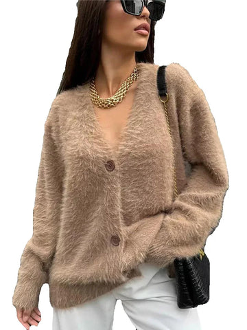 Black Friday Sonicelife Casual Solid Imitation Mink Cardigan Women Loose Knitted Plush V-neck Single-Button Sweaters Female Autumn Chic Street Tops