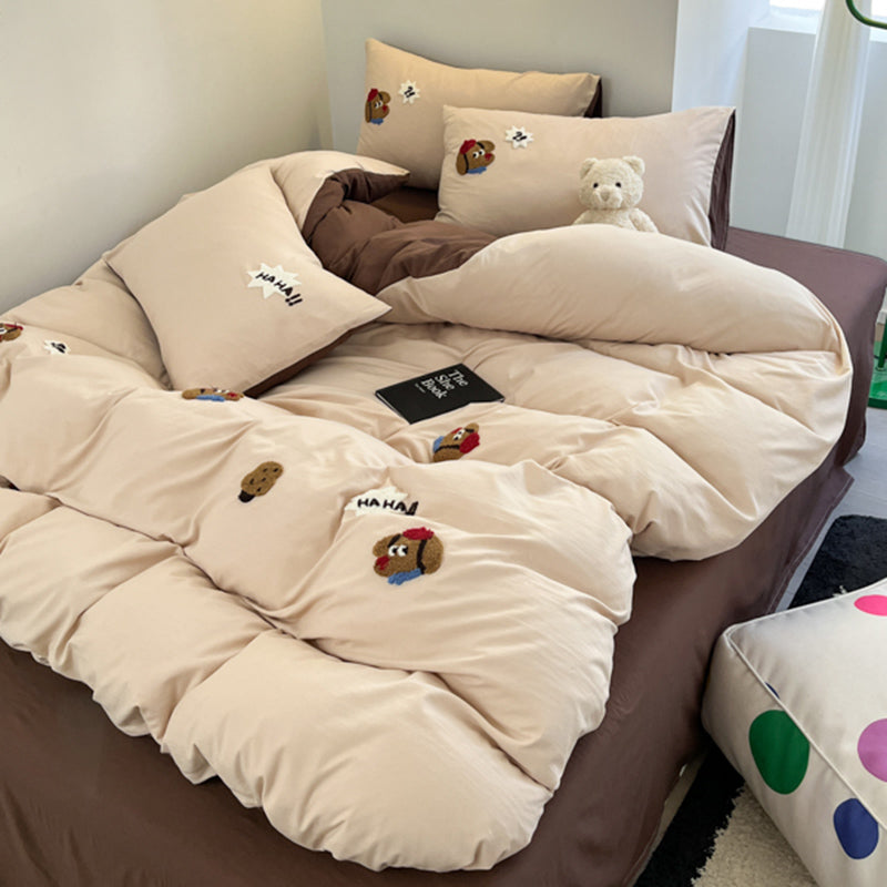 Sonicelife Mocha Bear Embroidery Bedding Set Twin Queen Duvet Cover Set Pillowcases for Adult Kids Bed Flat Sheet Cute Quilt Cover Kawaii