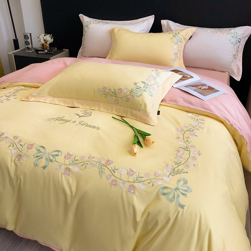 Sonicelife New High-End Simple and Light Luxury Skin-Friendly Cotton Four-Piece Set Simple Embroidery Bedding Lily