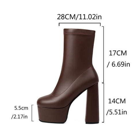 thanksgiving outfit Sonicelife 14cm Heel 5.5cm Platform Mortorcycle Boots Midcalf Autumn Elastic Stretchy Big Size 45 46 47 48 US17