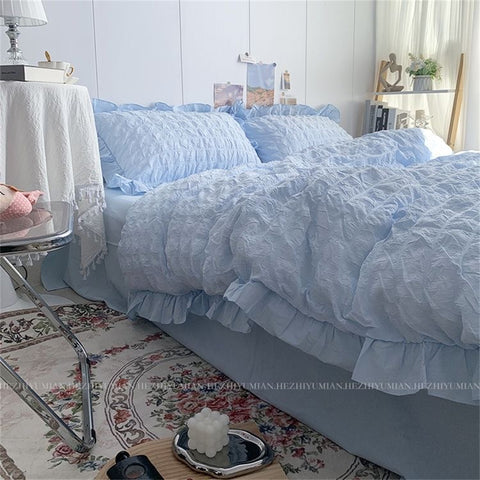 Sonicelife INS Girl Blue Bedding Sets Solid Color Seersucker Ruffles Lace  Kawaii Soft Sheet Woman Duvet Cover Pillow Covers Quilt Cover