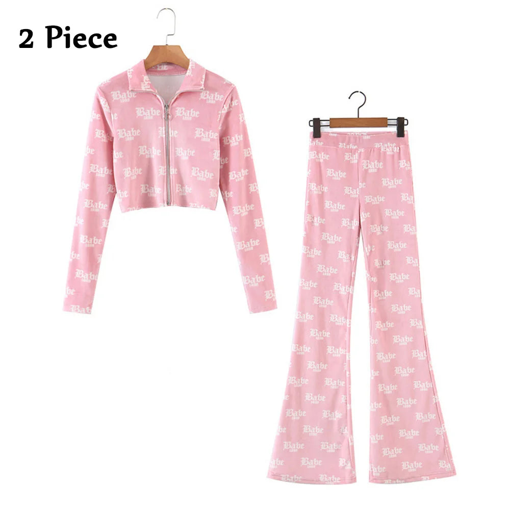 Sonicelife Cute Women 2 Piece Velvet Sets Loungewear Tracksuits Babe Letter Printed Zipper Jackets High Waist Flare Pants Two Piece Outfits