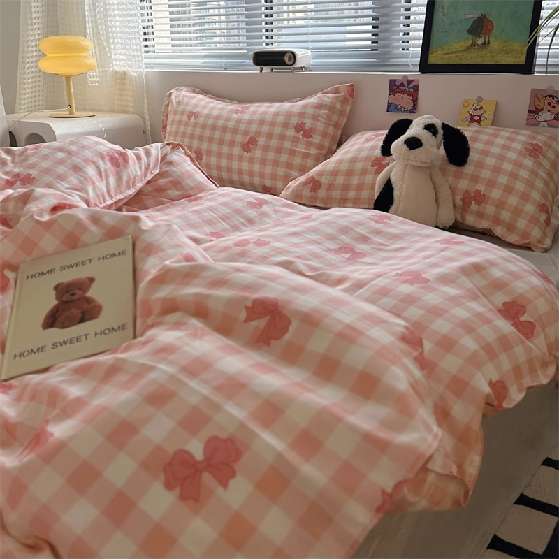 Sonicelife Pink Grid Bedding Set 2024 New Green Blue Boys Girls Duvet Cover No Filler Pillowcase Flat Sheet Twin Queen Hotel Home Bedspread