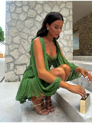 Sonicelife Chiffon Green Ruffles Mini Dresses Women Elegant Long Sleeve A Line Beach Robe Fashion Lady Ruffles Holiday Summer Party Vestido