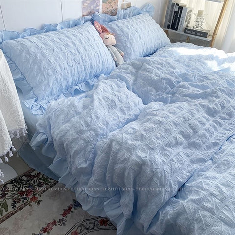 Sonicelife INS Girl Blue Bedding Sets Solid Color Seersucker Ruffles Lace  Kawaii Soft Sheet Woman Duvet Cover Pillow Covers Quilt Cover