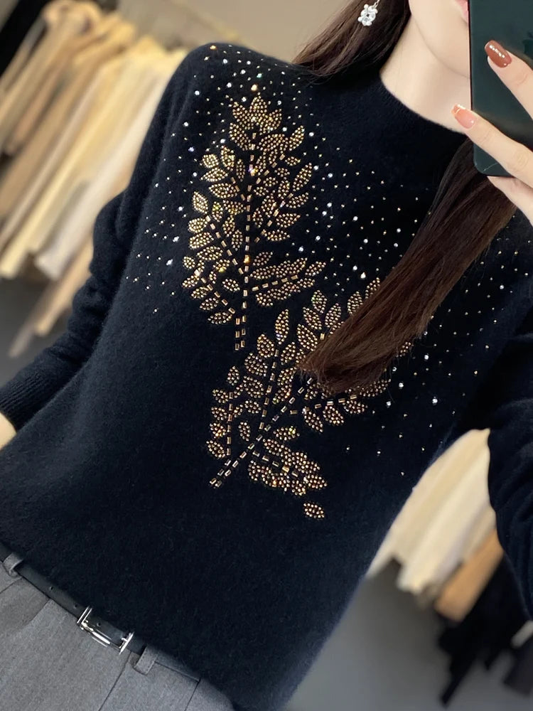 christmas outfit Sonicelife Women Autumn Winter Pure Wool Thickening Sweater Half-high Collar Leaf Studded with Diamonds Pullover Female Knitted Basis Top