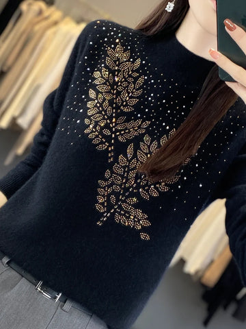 christmas outfit Sonicelife Women Autumn Winter Pure Wool Thickening Sweater Half-high Collar Leaf Studded with Diamonds Pullover Female Knitted Basis Top