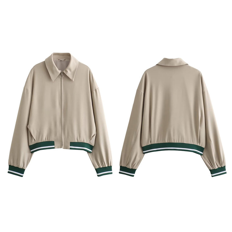 Sonicelife Loose Zipper Bomber Jackets Women Fashion Contrast Lapel Long Sleeve Pockets Female Short Coats 2024 Autumn Lady Casual Outwear