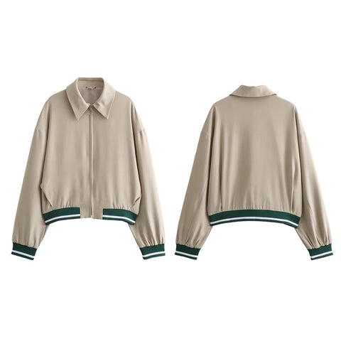 Sonicelife Loose Zipper Bomber Jackets Women Fashion Contrast Lapel Long Sleeve Pockets Female Short Coats 2024 Autumn Lady Casual Outwear