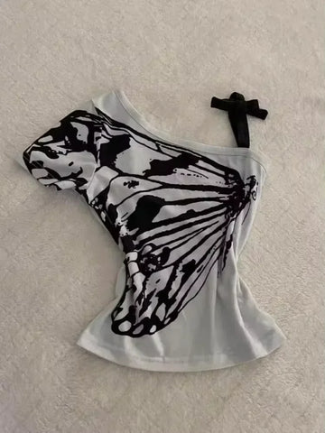 Sonicelife Summer Sexy One Shoulder Design Y2k Vintage T-Shirts Women Streetwear 2000s Casual Print Tees 2025 Korean Fashion Punk Crop Tops