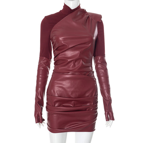 Sonicelife Women 2 Piece PU Leather Slanted Shoulder Dress Turtleneck T Shirts Sets WineRed Leather Pleated Slim Dress Two Piece Outfits