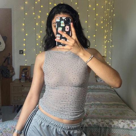 Sonicelife Rhinestone Sexy Tank Top Mesh Sleeveless Streetwear Punk Aesthetic Clothes Vintage 90s Gothic Women Graphic Tee Y2k Crop Tops