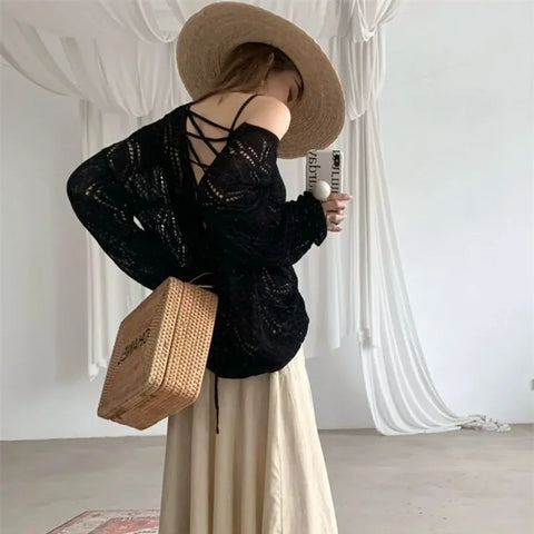 christmas outfit Sonicelife Sexy Hollow V-neck Lace Up Knit Sweater Summer Korean Loose Sun Protection Top Elegant Backless Long Sleeved Beach Top