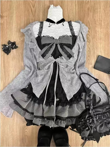 Sonicelife Sweet Lolita Lace Up Ruffles Cardigan Sexy Slim Fit Strapless Tanks High Waist Folds Skirts Early Spring Women Three Piece Sets