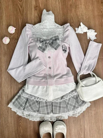 Sonicelife Japanese Sweet Preppy Style Skirt Set Women Kawaii Lace Patchwork Bow Tops + Y2k Plaid Mini Skirt Elegant Outifits 2 Piece Set