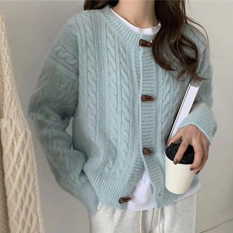 Sonicelife Autumn Winter Women Single-breasted Knitted Cardigan Coat Rib Solid Long Sleeve Loose Jacket Office Outerwear Women