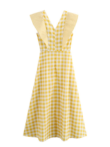 Sonicelife Fashion Plaid Print Flying Sleeve Long Dress Women V-neck Sleeveless High Waist Female Dresses 2024 Summer Lady Holiday Robe New