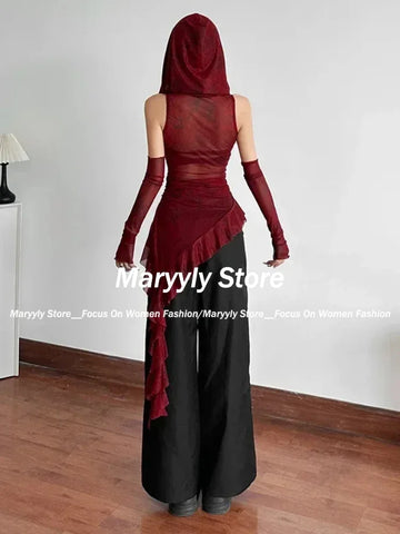 Sonicelife Y2K Vintage 90s Grunge Mesh See Through Hooded Tops Streetwear Irregular Hem Ruffles Hoodie Women Slim Blouse with Cuffs New
