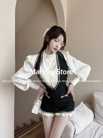 Sonicelife 2025 Autumn French Sweet Hot Girl Commuting Suit Women Halter Strap Shorts Ruffled Long Sleeve Shirt Elegant Slim 2 Piece Set