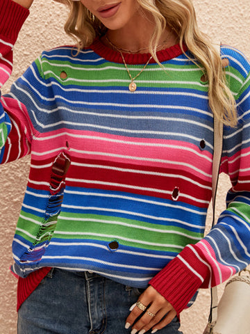 christmas outfit Sonicelife Long Sleeves Loose Contrast Color Hollow Striped Round-Neck Pullovers Sweater Tops