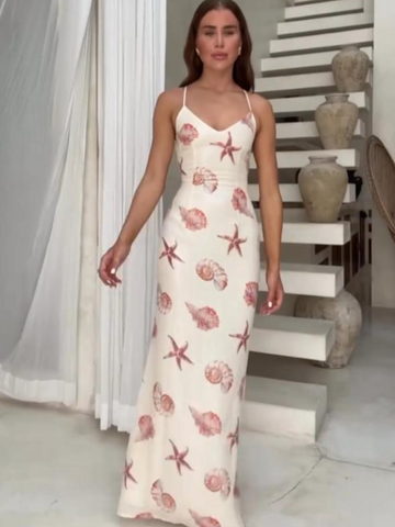 Sonicelife Brown Starfish Printed Ruffle Hem Dress Women Elegant Backless Sling Long Dresses 2025 Summer Lady Vocation Causal Vestidos New