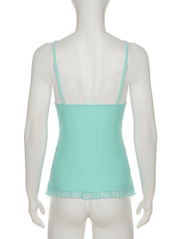 Sonicelife Y2k Mint Green Camis Women Vintage Aesthetic Cute Sexy Summer See Through Mesh Crop Tank Tops Streetwear Holiday Outfits