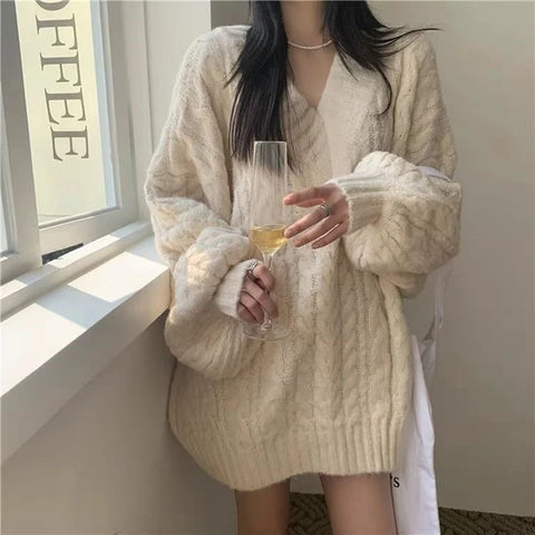 Black Friday Sonicelife Lantern Sleeve Knit Sweater Women Korean Solid Twist V-Neck Fall Winter Warm Pullover Fashion Loose Casual Pretty Style Jumpers