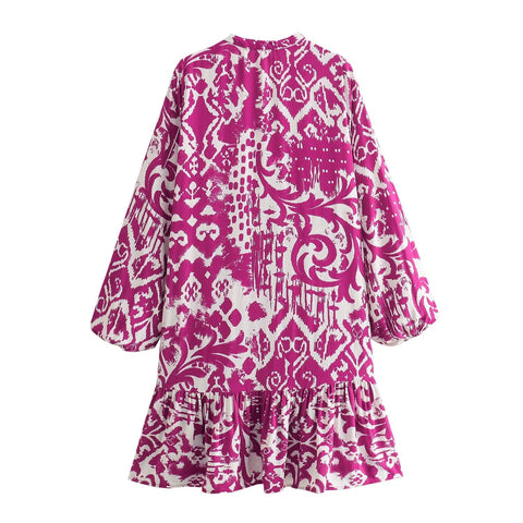 Sonicelife Women's Long Sleeve Single Breasted Mini Dress, Printed V-Neck, Slimming and Cute, Versatile, New