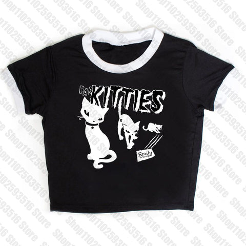 Sonicelife Y2K Grunge Cyber Goth Tee Vintage letter cat graphics Short Sleeve Crop Tops baby tees Kawaii Skater T-shirt Women Streetwear