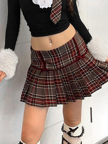 Sonicelife-Low Rise Plaid Bow Accent Mini Pleat Skirt