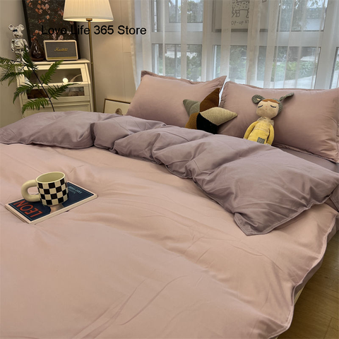 Sonicelife Ins Purple Solid Color Bedding Set Flat Bed Sheet Duvet Cover Single Double Full Queen King Bedclothes Ins Pure Bedroom Linen