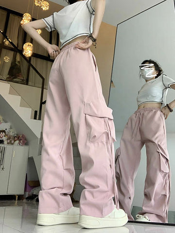 Sonicelife Causal Baggy Cargo Pants High Waist Y2K Big Pockets Streetwear Student Trousers Loose Fall Korean Solid Female Pants