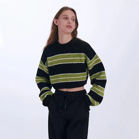 Black Friday Sonicelife Y2K Green Striped Crop Knit Sweater Women Korean Vintage Streetwear Long Sleeve Pullover Female Loose All-Match Short Jumper