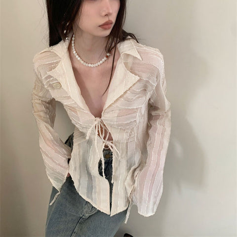 Sonicelife Sexy Lace Up Women Blouse Long Sleeve Spring New Turn-Down Collar Shirt White Y2K Korean Fashion Ladies Tops