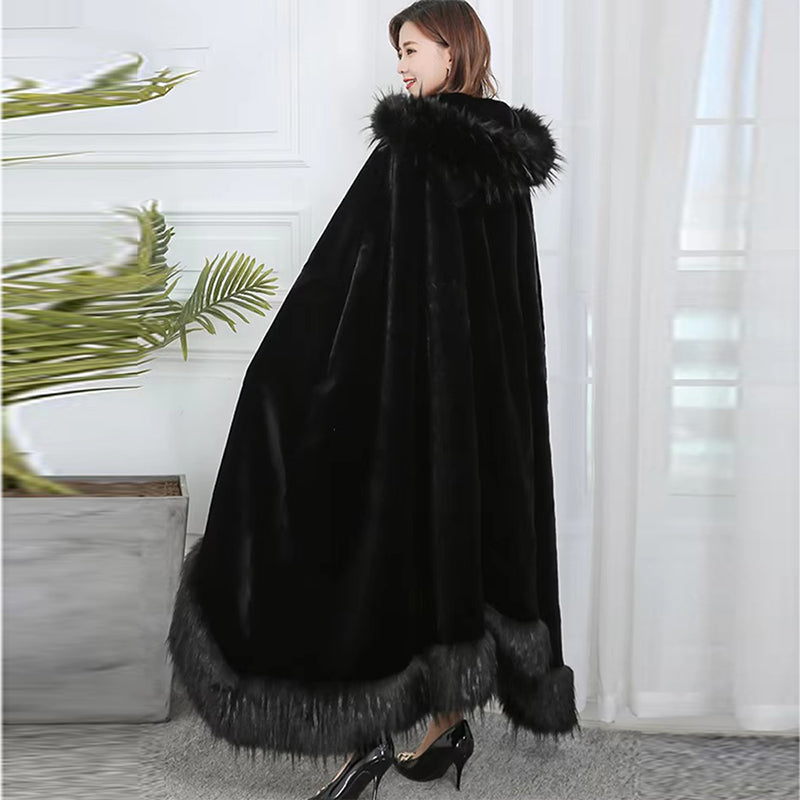 christmas outfit Sonicelife Winter Elegant Luxury Extra Long Oversized Thick Warm Black Faux Fur Cloak Poncho Coat Women with Fake Fox Fur Trim