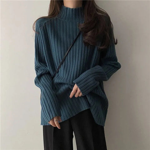 Black Friday Sonicelife Turtleneck Knitted Sweater Women Autumn Winter Fashion Loose Long Sleeve All Match Pullover Sweaters Solid Office Lady Jumper