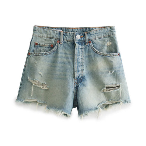 Sonicelife Women's New Shorts Fashionable Perforated Decoration High Waist Mini Ragged Edge Denim Shorts