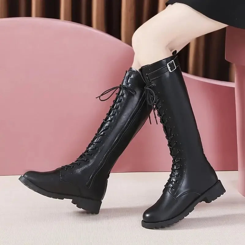 Sonicelife 2025 Plus Size Autumn Winter Knee High Boots Women Fashion Buckle High Tube PU Leather Boots  Zipper Low Heels Long Botas Mujer