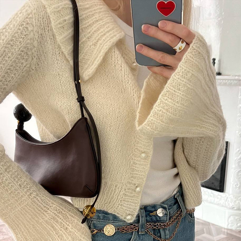 Black Friday Sonicelife Chic Knitted Lapel Pearl Cardigan Women Loose Solid Single-Breasted Short Sweaters Female Autumn Elegant Street Daily Knitwear