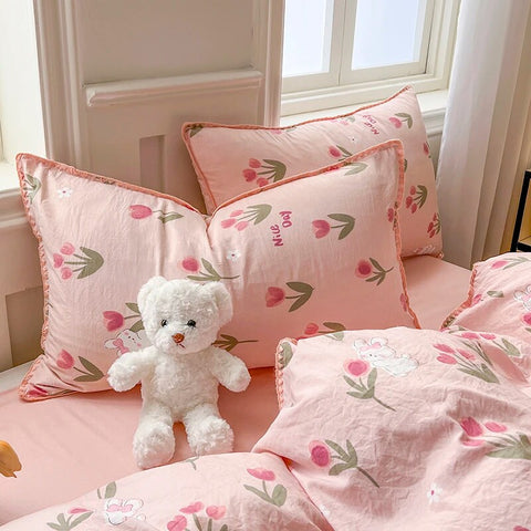 Sonicelife Pink Tulip Double Layer Yarn Quilt Cover Bed Sheet Pillowcase Twin Queen Size Bedding Set Girls Women Duvet Cover Set No Filler