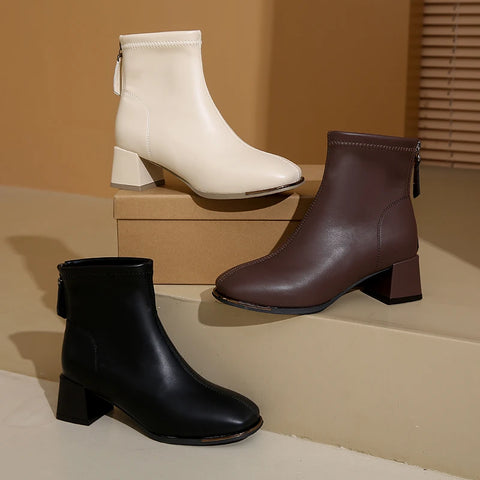 Sonicelife 2025  Winter New British Style Back Zipper Fashion Boots Women's Rough Heel Leather Suede Versatile Short Boots