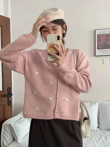 Sonicelife Bow Sweet Women Cardigan Sweaters Japan V Neck Elegant Knitted Coat Fashion Long Sleeve Loose Casual Cute Fall Female Tops
