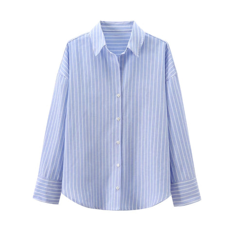 Sonicelife Women's Striped Shirt Oxford Fabric Simple Casual Versatile Single Breasted Long Sleeved Top New